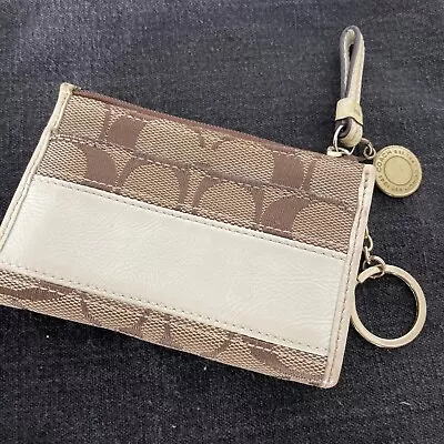 Coach Zip Coin Purse Khaki Leather Stripe 1 Card Holder Keychain With Charm • $50.96