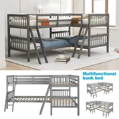 Twin Size L-Shaped Bunk Bed Wood Bed Frame With Ladder For Kids Teens Bedroom US • $894.39