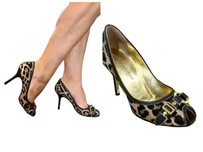 $495 DOLCE & GABBANA CELTIC  Brown Leopard  Canvas Peep Toe Pumps Shoes 37 7 • £57.36