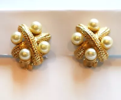 Vintage NORMA JEAN Clip On Earrings Matte Gold Rope Faux Pearls Signed Designer • $19.99