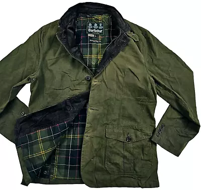 HOT VTG Men BARBOUR LUTZ CLASSIC TARTAN WAXED Cotton PLAID LINED OLIVE Jacket XL • $175