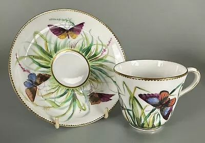 Coalport C1860s Coffee Cup & Saucer Butterflies Antique English Porcelain • £26