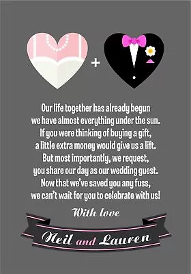 10 Personalised Wedding Honeymoon Gift Money Poem Cards Honeymoon Wish Inserts • £2.99