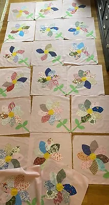Vintage Quilting Blocks Flowers Hand Embroidered 15x15 Set Of 20 • $60