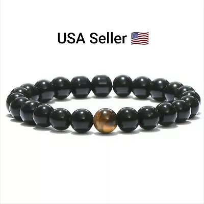 8mm Natural Matte Obsidian Tiger Eye Beads Bracelet Men Health Protect Balance • $4.79