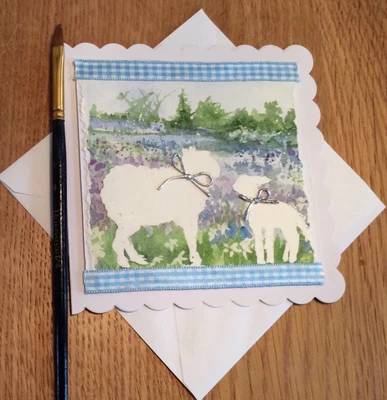 £4.50 • Buy Unique Hand Painted Easter Card Of Sheep And Lamb