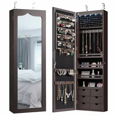 Wall Door Mounted LED Mirror Jewelry Cabinet Lockable Armoire W/ 6 Drawers Brown • $119.98