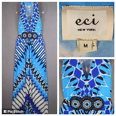 Eci New York Maxi Dress Womens M Sleeveless Boho Tie Die Blue Tie Back Aztec Vtg • $19.50