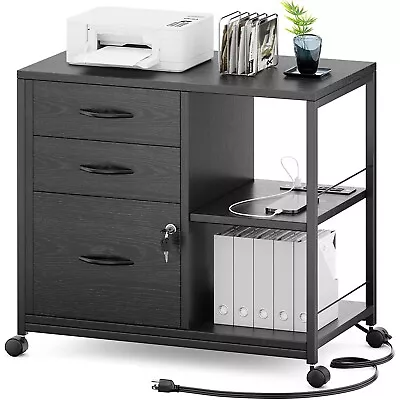 3 Drawer Wood File Cabinet With Socket Rolling Lateral Filing Locking Black • $89.99