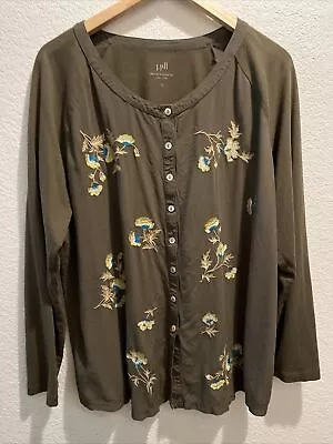 J Jill Xl Button Floral Embroidered Hunter Green Top Long Sleeves • $12.50