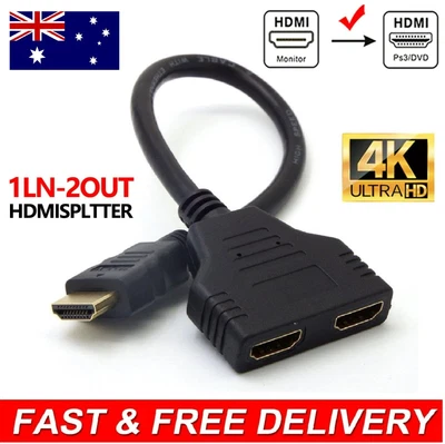 $9.99 • Buy 1In-2Out HDMI Male To Dual HDMI Female 1 To 2 Way For Two TVs At The Same Time