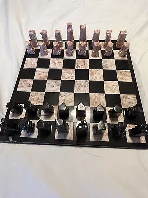 Marble Hand Carved Charcoal And Rose Chess Set 13.75in Beautiful Set!!! • $75