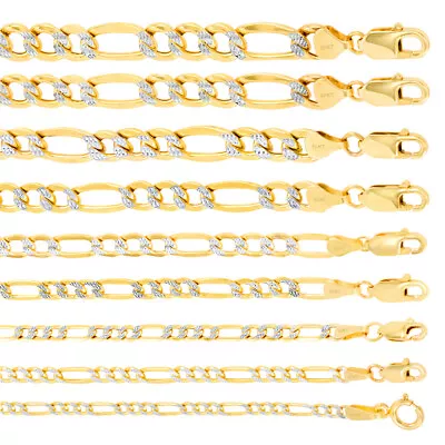 10K Yellow Gold 2mm-9mm Diamond Cut White Pave Figaro Chain Necklace 16 - 30  • $119.98