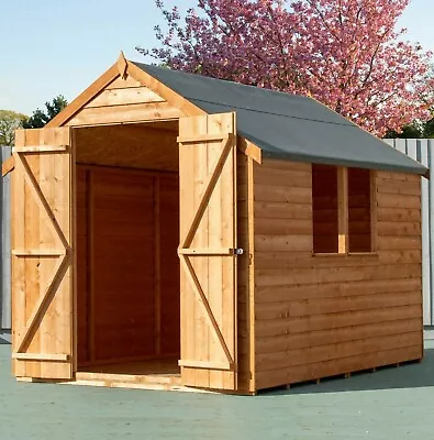 8x6 WOODEN GARDEN SHED APEX ROOF FLOOR DOUBLE DOORS WOOD TOOL BIKE STORE 8ft 6ft • £429.94