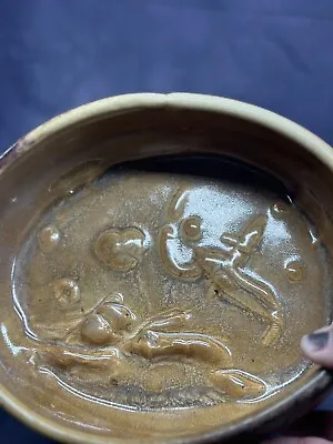 Art Pottery Large Serving Bowl Mermaid Swimming Handmade Ears Brown Glaze • $37