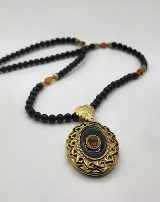 Vintage Signed 1928 Victorian Black Glass Beaded Gold Tone Locket 30  Necklace • $27