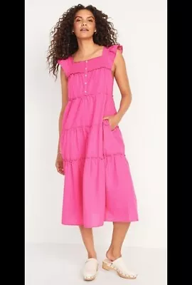 Old Navy Maxi Dress M Pink Peasant Praire Boho Ruffle Smocked Maxi Tiered • $29.99