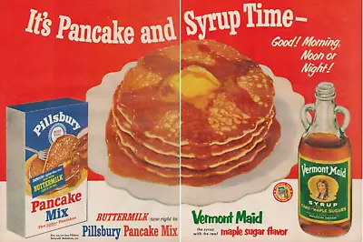 1955 Pillsbury Buttermilk Pancake Mix Vermont Maid Syrup Vintage Print Ad 2 Page • $9.99