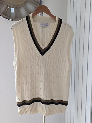 Vintage Cable Knit Tank Top Made In UK - Cricket -white Navy & Kharki Size L • $37.29