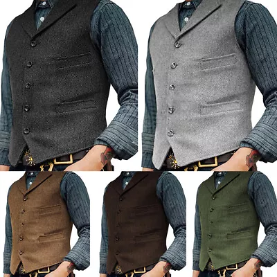 Men Vintage Herringbone Tweed Waistcoat Notch Lapel Formal Coat Vest Casual Tops • $22.92