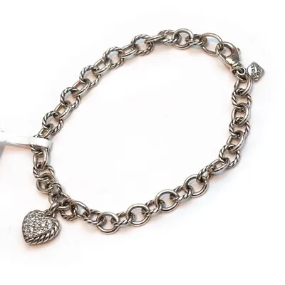 New DAVID YURMAN Cookie Classic Diamond Heart Chain Bracelet Silver Medium • $725