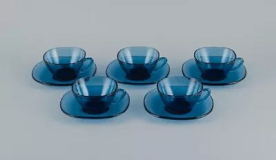 Vereco France A Set Of Five Teacups And Matching Saucers In Blue Glass. • $300