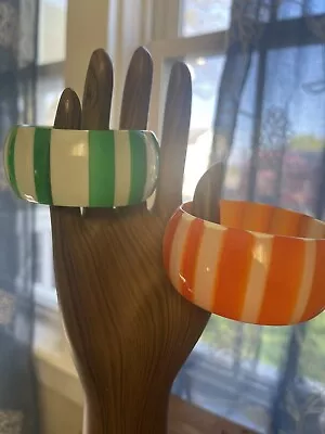 Vintage Lucite Lime Green And Sherbert Orange/white Striped Bangle Bracelets • $82