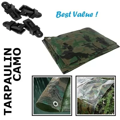 11 Sizes Of Heavy Duty CAMO Tarpaulin Waterproof Cover Sheet + 4 Tarp Clips • £9.48