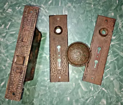 Antique Set EASTLAKE VICTORIAN Mortise Double Lock Escutcheon Door Knob • $75