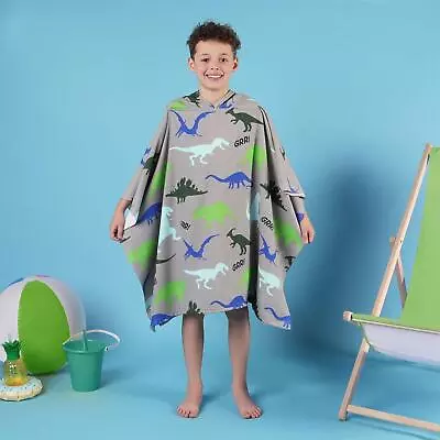 Dreamscene Dino Hooded Poncho Towel Childrens Quick Dry Microfiber Kids Swimming • £9.49