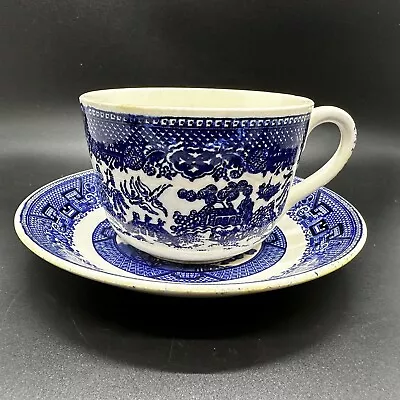 1949 Vintage Homer Laughlin Blue Willow Tea Cup Saucer Set Coffee Ceramic White • $11