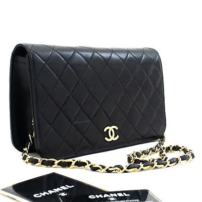CHANEL Full Flap Chain Shoulder Bag Clutch Black Quilted Lambskin L45 • $4351