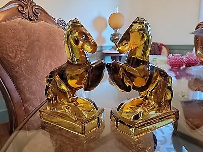 PAIR 2 BOOKENDS AMBER LE SMITH Art Glass Rearing Horse Stallion 8   Vintage-NICE • $50