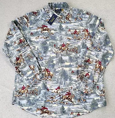 Polo Ralph Lauren Mens Blue FOX HUNT Dog Equestrian Scene Oxford Shirt XXL • $128.99