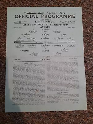 VINTAGE FOOTBALL PROGRAMME WALTHAMSTOW AVENUE FC 26/04/1943 V LEYTON • £10