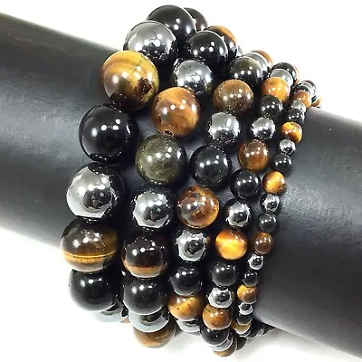 Triple Protection Bracelet Natural Gemstone Bracelet Tiger Eye Hematite Obsidian • $7.99