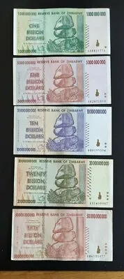 Zimbabwe Billion Dollars Banknotes Set Of All 5 (1 5 10 20 50 Billion) Used • £9.98