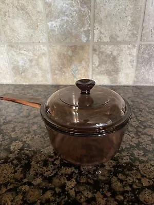 Vision Corning Ware USA Amber Glass Cookware 1L Sauce Pot Pan Spout W Pyrex Lid • $24