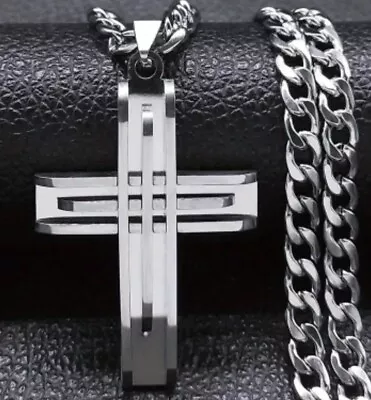 Mens Never Fade Stainless Steel Chunky Cross Chain Necklace In Gift Bag UK  • £8.99