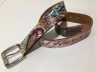 Ed Hardy EH3243 Dragons And Rhinestones Silver Buckle Leather Belt Size S READ • $34