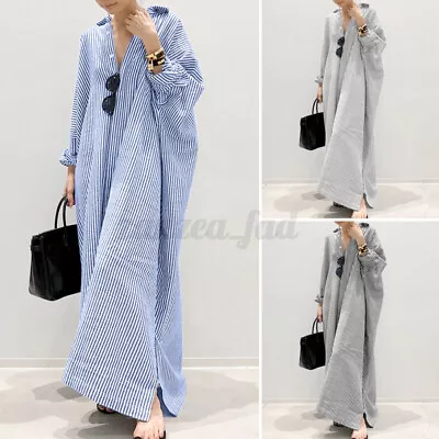 $27.58 • Buy ZANZEA Women Stripe Printed Long Maxi Shirt Dress Side Split V-Neck Kaftan New
