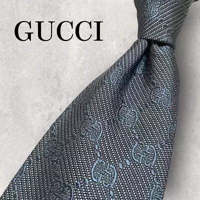 GUCCI Men's Necktie Luxury Silk High Brand All Over GG Pattern Gray Near MINT • $132.12