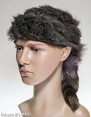 Coonskin Cap Davy Crockett Brown Faux Fur Frontiersman Hat Real Raccoon Tail  • $11.98