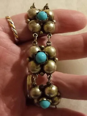 Vtg Antique Mexican Silver & Turquoise Bracelet 7  Laid Out Flat. • $35