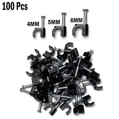 BLACK ROUND COAX CABLE CLIPS 4 5 & 6mm FIXING NAIL IN BULK PACK FOR WIRES UK • £2.50