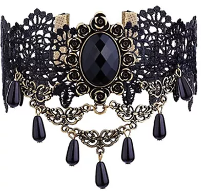 Gothic Victorian Black Lace Choker Necklace Tassel Chain Steampunk NWT 5448 • $11.92