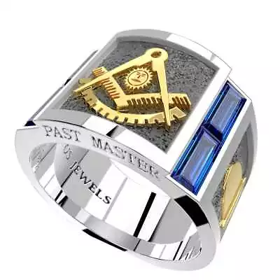 Past Master Two Tone Sterling Silver & Yellow Gold Synthetic Sapphire Mason Ring • $349.99