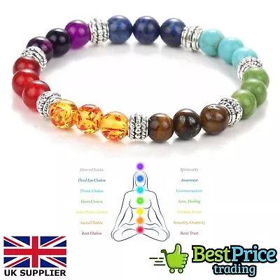 7 Chakra Bead Crystal Gemstone Bracelet Anxiety Stone Healing Reiki NEW • £3.99