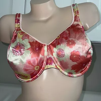 Vintage Delicates Shiny Second Skin Satin Underwire Bra 42 D Pink Flowers Lined • $14.99
