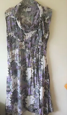 Masai Clothing Company Purple Green Arty  Dress Sz  XS 8 10  Floral Hydrangea  • £18